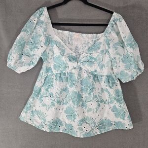 Anthropologie Hailey & Co Floral Large Boho Pullover Blouse Shirt Teal Lace Vnec